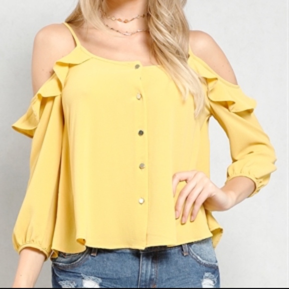 yellow open shoulder top